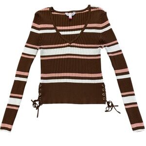 No Boundaries Brown Pink White Stripe Ribbed V Neck Lace Up Side Sweater L